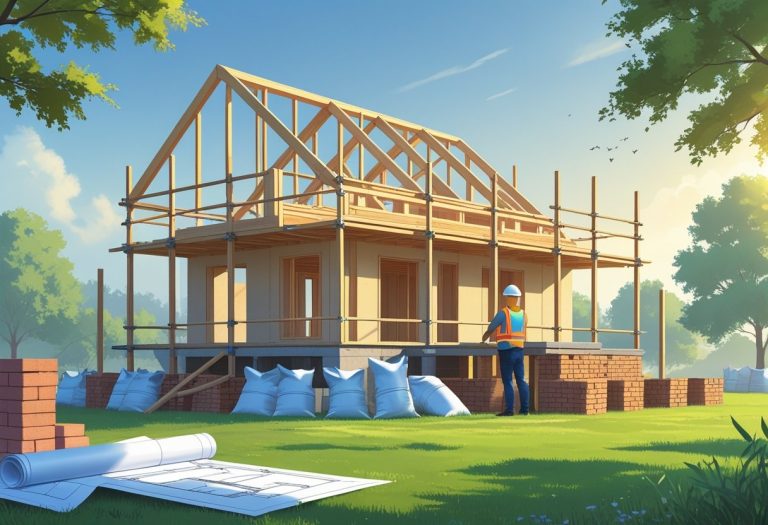 Casa em construção com estrutura de madeira, materiais de construção ao redor e uma pessoa com capacete segurando um plano arquitetônico.