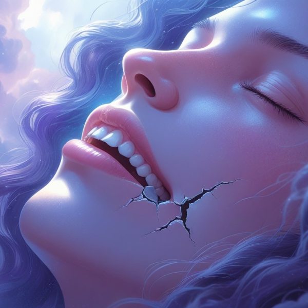 Rosto humano com um dente da frente quebrado, com expressão contemplativa e fundo com cores suaves que sugerem um sonho.