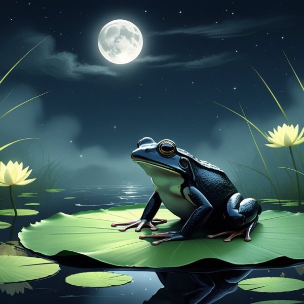 Um sapo preto sentado em uma folha de lírio sobre um lago tranquilo à noite, com céu estrelado e lua ao fundo.