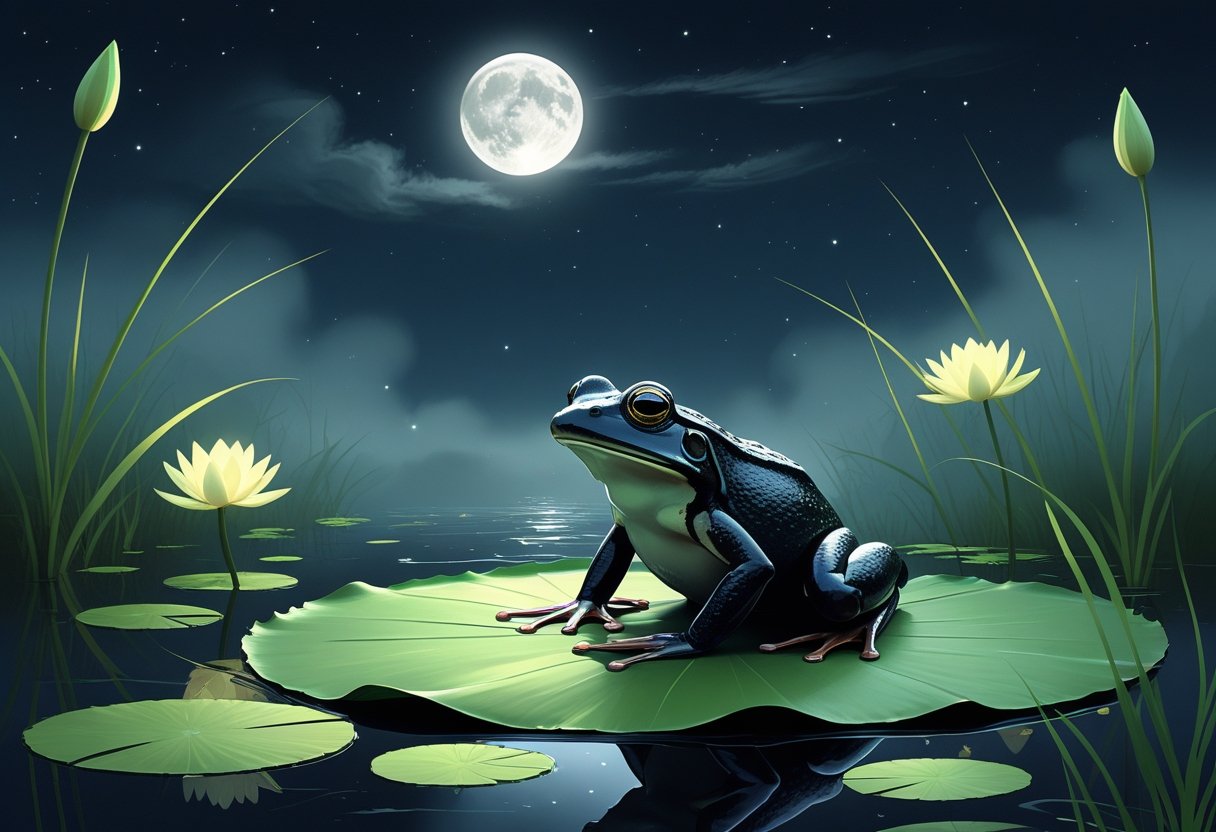Um sapo preto sentado em uma folha de lírio sobre um lago tranquilo à noite, com céu estrelado e lua ao fundo.