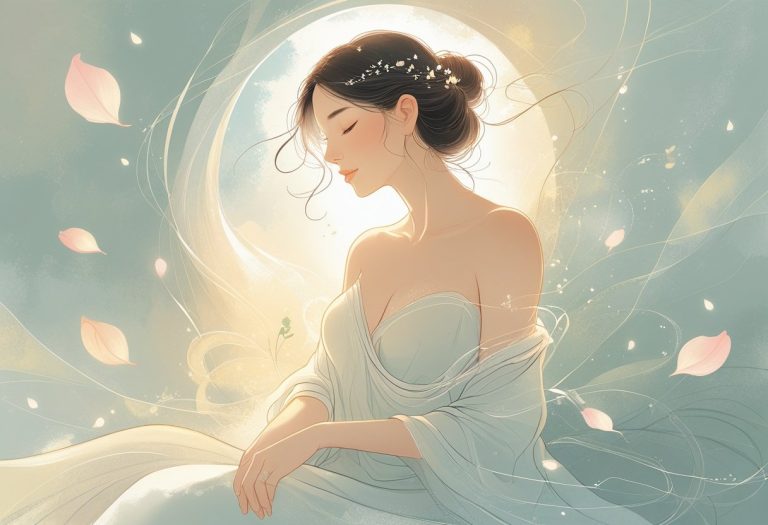 Uma mulher serena em uma pose natural e elegante, rodeada por elementos suaves e etéreos que evocam uma atmosfera de sonho e tranquilidade.
