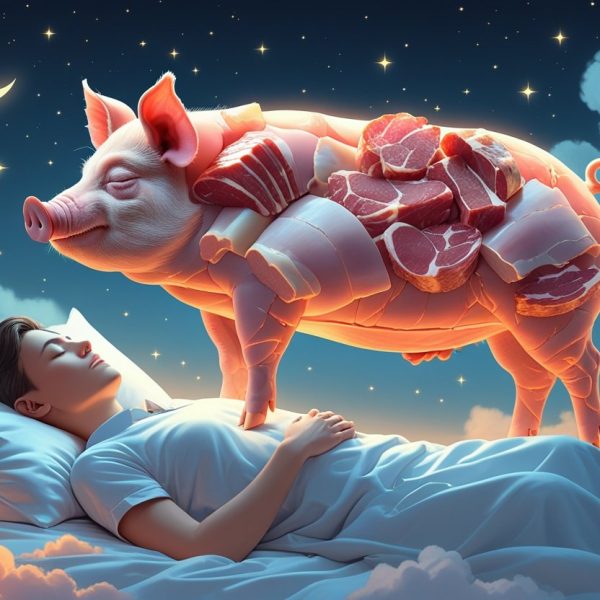 Pessoa dormindo tranquilamente com uma imagem etérea de um porco feito de carne de porco flutuando acima dela, em um cenário noturno com nuvens e estrelas.