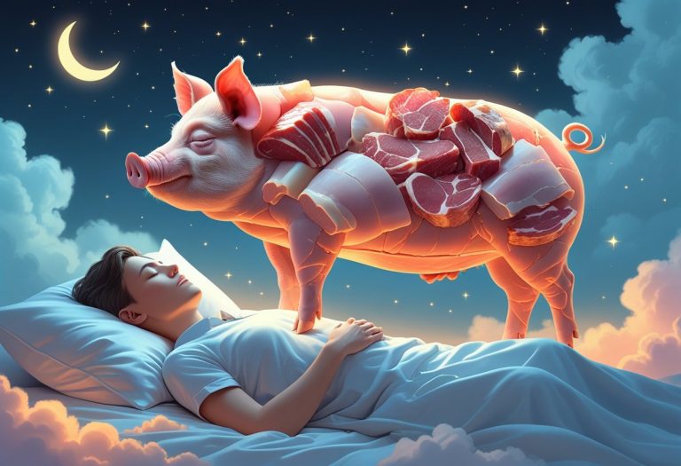 Pessoa dormindo tranquilamente com uma imagem etérea de um porco feito de carne de porco flutuando acima dela, em um cenário noturno com nuvens e estrelas.