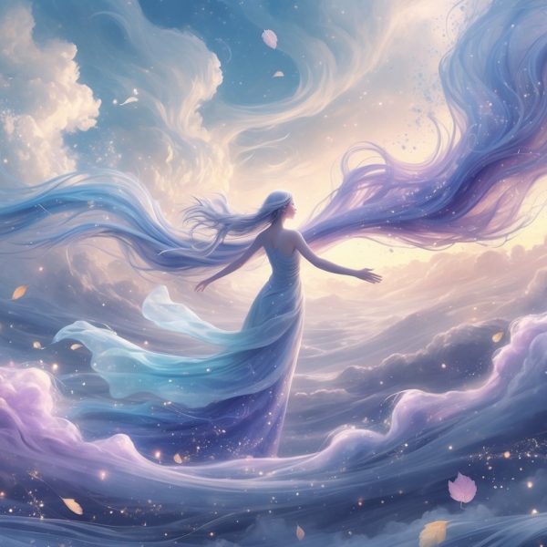 Figura etérea com asas translúcidas em uma paisagem de vento forte, com tecidos e partículas flutuando ao redor sob um céu amplo e iluminado.