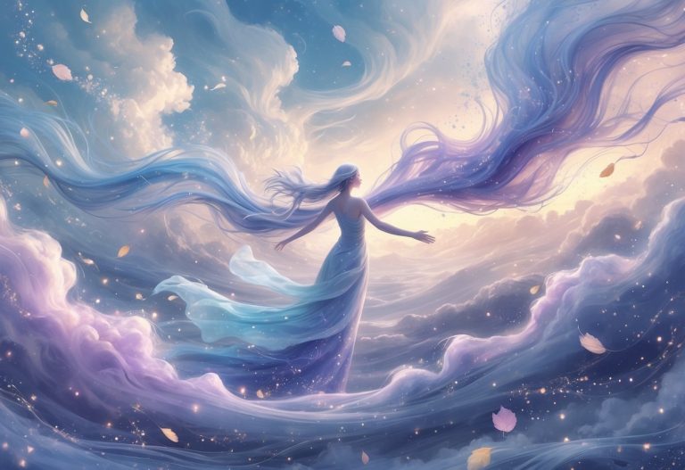 Figura etérea com asas translúcidas em uma paisagem de vento forte, com tecidos e partículas flutuando ao redor sob um céu amplo e iluminado.