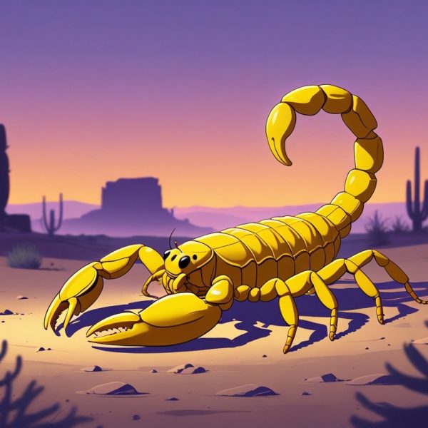 Um escorpião amarelo grande descansando em um deserto ao entardecer, com cactos e pedras ao redor.