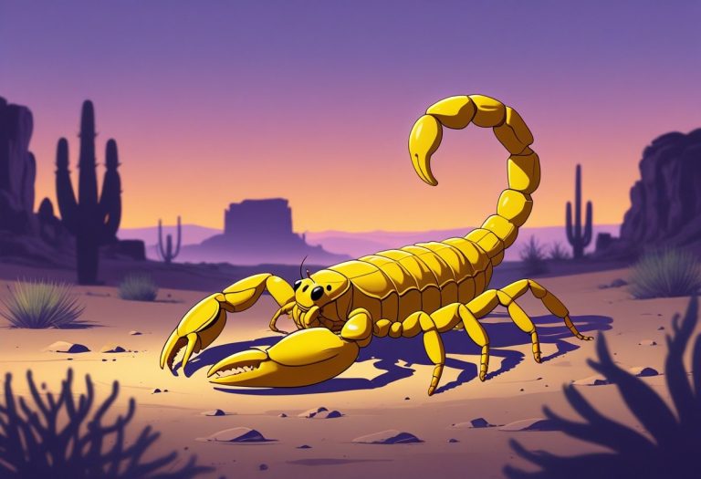 Um escorpião amarelo grande descansando em um deserto ao entardecer, com cactos e pedras ao redor.
