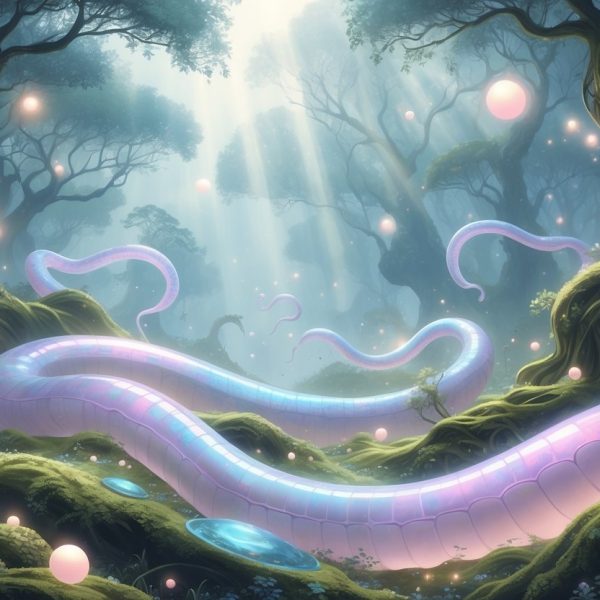 Uma paisagem onírica com vermes gigantes translúcidos flutuando entre árvores antigas cobertas de musgo luminoso, sob uma luz suave e mágica.