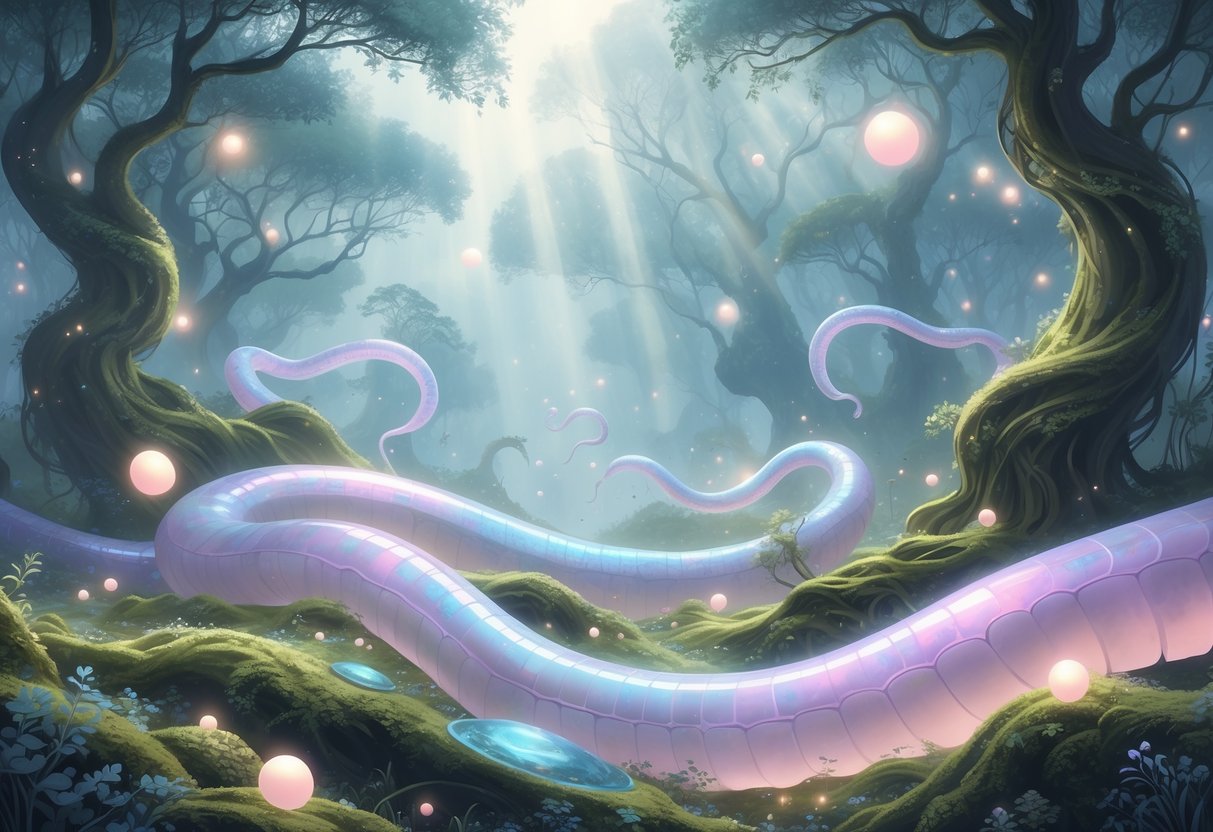 Uma paisagem onírica com vermes gigantes translúcidos flutuando entre árvores antigas cobertas de musgo luminoso, sob uma luz suave e mágica.