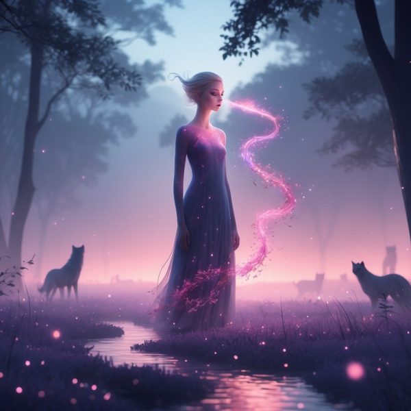 Figura mística com fluxo de luz vermelha saindo do nariz, em uma floresta iluminada por névoa ao entardecer.