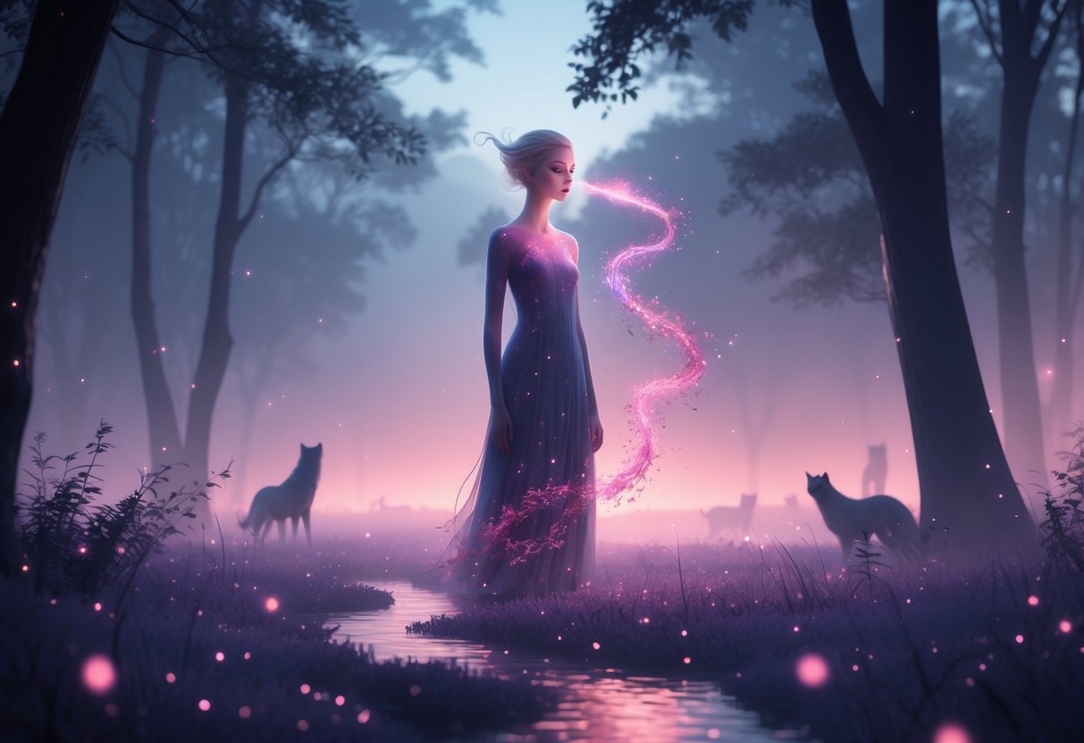 Figura mística com fluxo de luz vermelha saindo do nariz, em uma floresta iluminada por névoa ao entardecer.