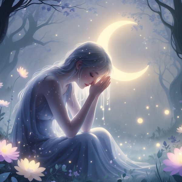 Pessoa chorando suavemente sob uma lua crescente em uma floresta enevoada com flores luminosas e orbes de luz ao redor.
