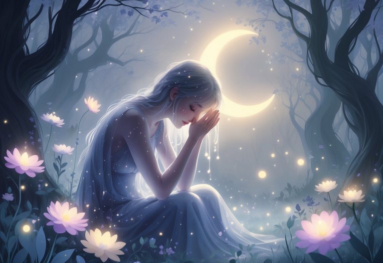 Pessoa chorando suavemente sob uma lua crescente em uma floresta enevoada com flores luminosas e orbes de luz ao redor.