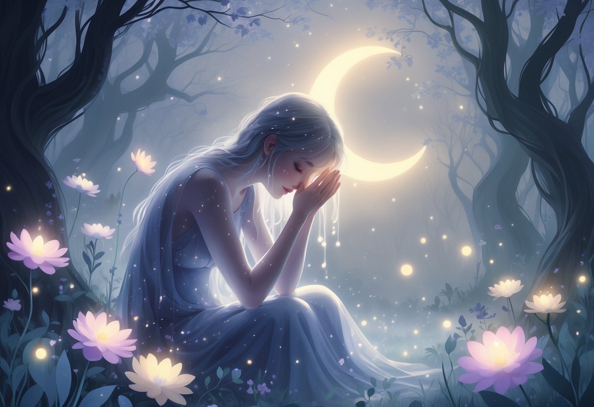 Pessoa chorando suavemente sob uma lua crescente em uma floresta enevoada com flores luminosas e orbes de luz ao redor.