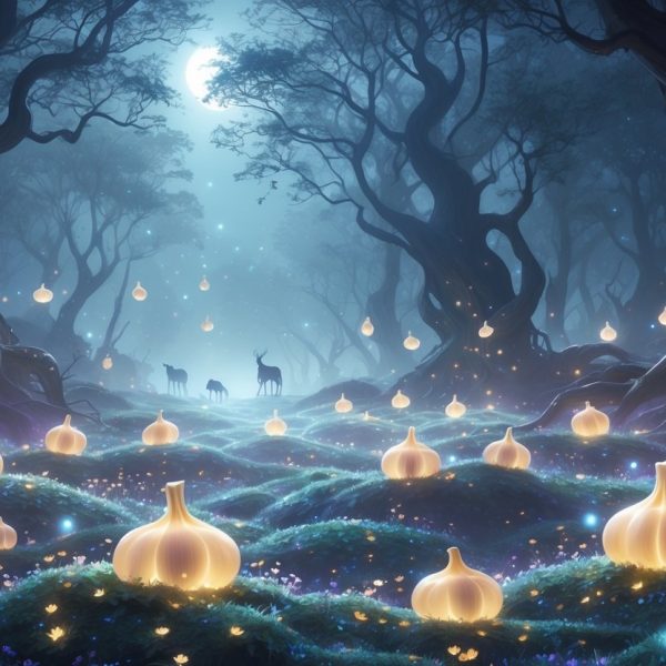 Uma floresta mágica com bulbos de alho translúcidos flutuando entre árvores antigas e musgo brilhante sob a luz do luar.