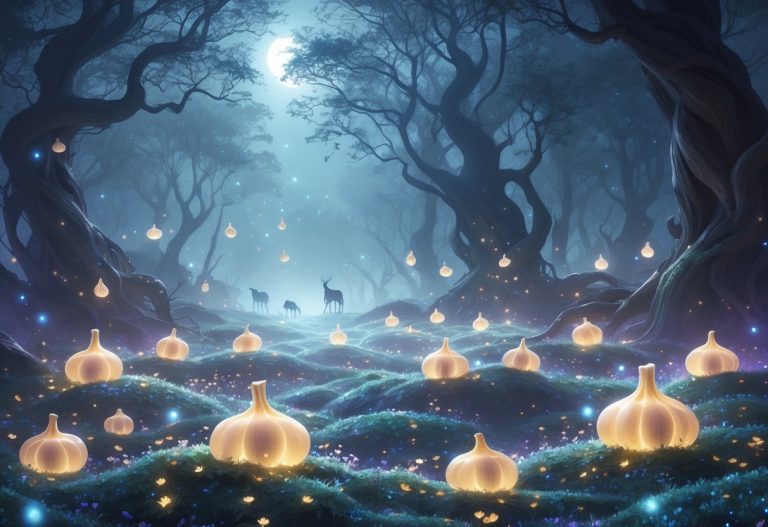 Uma floresta mágica com bulbos de alho translúcidos flutuando entre árvores antigas e musgo brilhante sob a luz do luar.