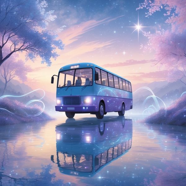 Um ônibus flutuando sobre um rio brilhante em uma paisagem mágica com árvores luminosas e névoa suave, enquanto passageiros observam maravilhados pela janela.