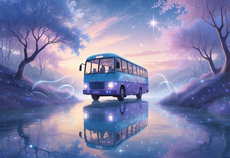 Um ônibus flutuando sobre um rio brilhante em uma paisagem mágica com árvores luminosas e névoa suave, enquanto passageiros observam maravilhados pela janela.