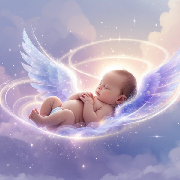 Um bebê recém-nascido sendo cuidadosamente embalado em uma luz suave e brilhante, cercado por um ambiente celestial e tranquilo.