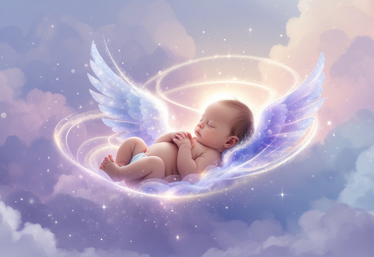 Um bebê recém-nascido sendo cuidadosamente embalado em uma luz suave e brilhante, cercado por um ambiente celestial e tranquilo.