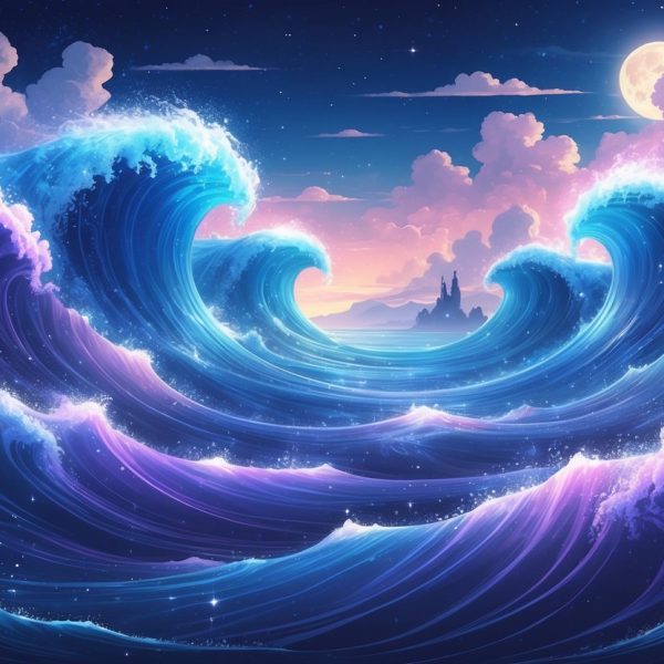 Oceano com ondas gigantes e translúcidas sob um céu crepuscular, com névoa e partículas brilhantes sobre a água.