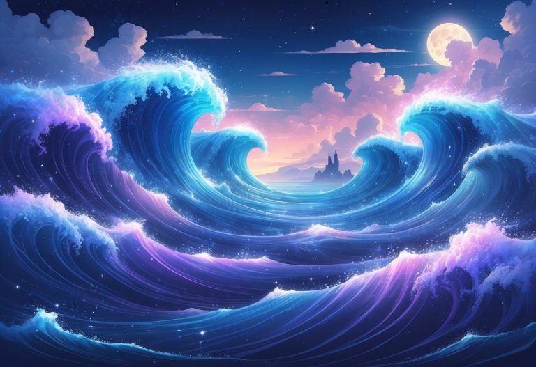 Oceano com ondas gigantes e translúcidas sob um céu crepuscular, com névoa e partículas brilhantes sobre a água.