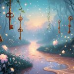 Uma floresta mágica com chaves flutuando e um rio translúcido que parece molho, sob um céu estrelado ao entardecer.