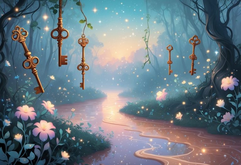 Uma floresta mágica com chaves flutuando e um rio translúcido que parece molho, sob um céu estrelado ao entardecer.