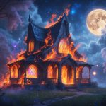 Uma casa antiga em chamas, rodeada por uma floresta mística com árvores brilhantes e orbes luminosos no céu noturno.