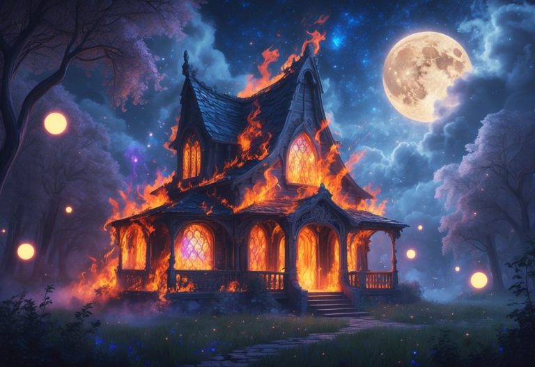 Uma casa antiga em chamas, rodeada por uma floresta mística com árvores brilhantes e orbes luminosos no céu noturno.