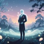 Figura masculina translúcida em traje antigo em uma paisagem mística com árvores e flores luminosas ao entardecer.