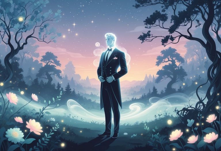 Figura masculina translúcida em traje antigo em uma paisagem mística com árvores e flores luminosas ao entardecer.