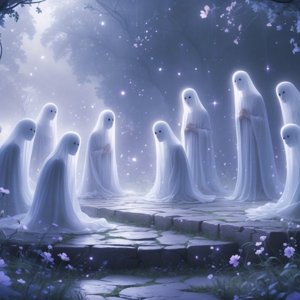 Uma cena onírica com figuras fantasmagóricas desconhecidas flutuando sobre uma plataforma antiga rodeada por flores luminosas e névoa suave.