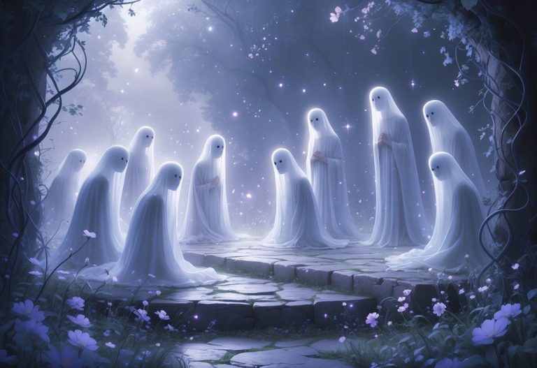 Uma cena onírica com figuras fantasmagóricas desconhecidas flutuando sobre uma plataforma antiga rodeada por flores luminosas e névoa suave.