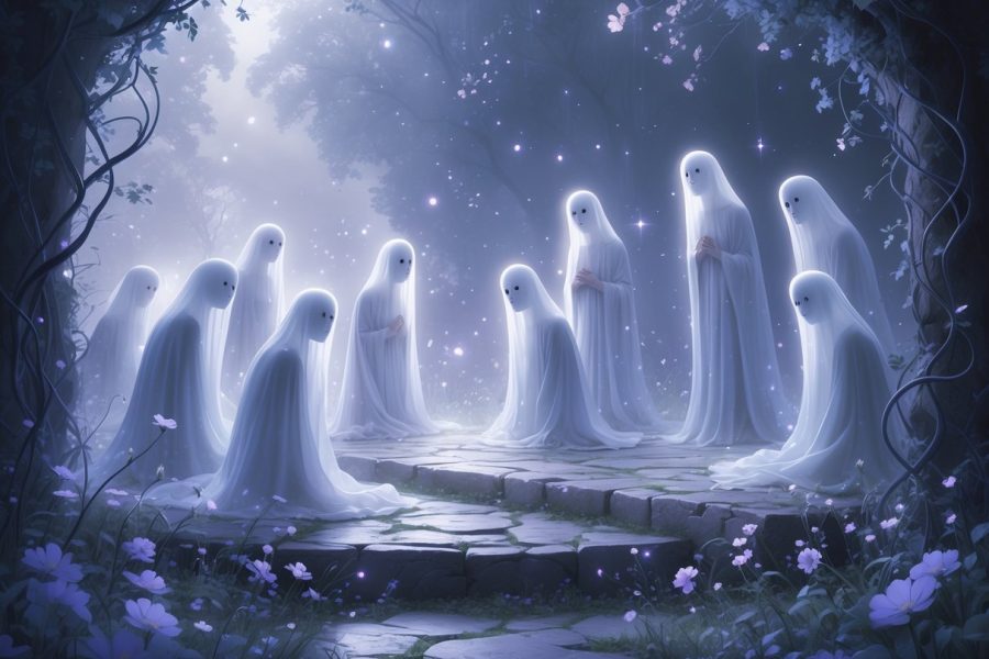 Uma cena onírica com figuras fantasmagóricas desconhecidas flutuando sobre uma plataforma antiga rodeada por flores luminosas e névoa suave.