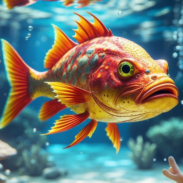 Peixe colorido nadando em um ambiente subaquático com corais e luzes do sol penetrando a água.