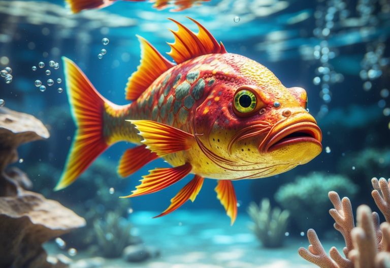 Peixe colorido nadando em um ambiente subaquático com corais e luzes do sol penetrando a água.