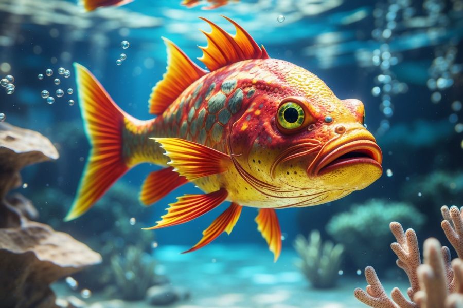 Peixe colorido nadando em um ambiente subaquático com corais e luzes do sol penetrando a água.