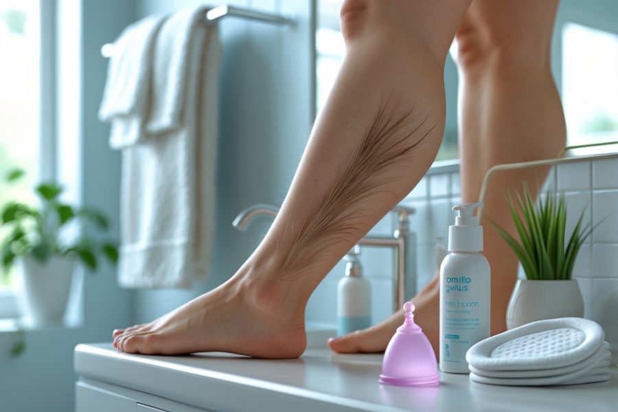 Cena de banheiro com pernas femininas mostrando pelos naturais e produtos de higiene pessoal sobre a bancada.