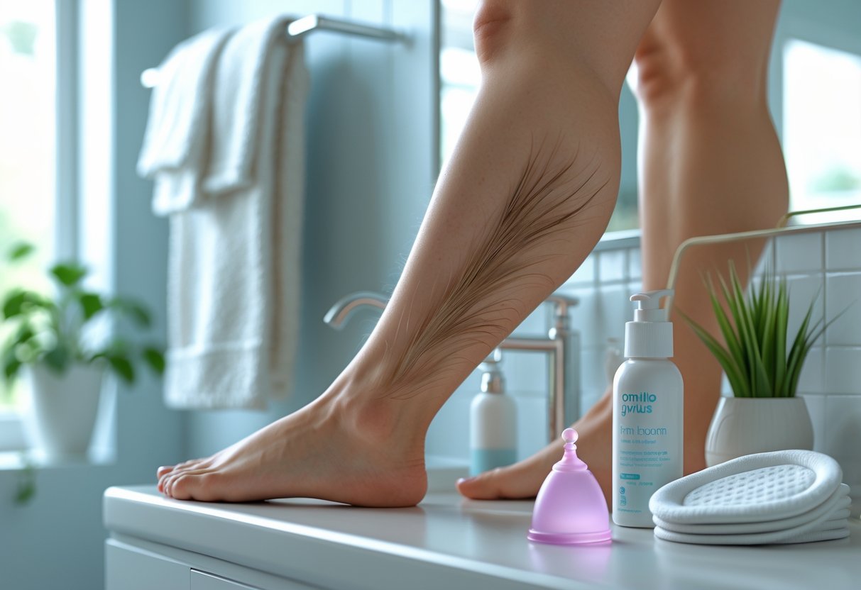 Cena de banheiro com pernas femininas mostrando pelos naturais e produtos de higiene pessoal sobre a bancada.