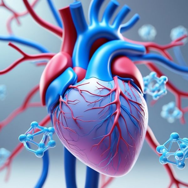 Imagem 3D mostrando um coração humano e a glândula tireoide conectados por vasos sanguíneos iluminados, com moléculas flutuando ao redor representando medicação agindo nesses órgãos.