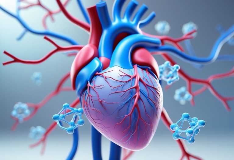 Imagem 3D mostrando um coração humano e a glândula tireoide conectados por vasos sanguíneos iluminados, com moléculas flutuando ao redor representando medicação agindo nesses órgãos.