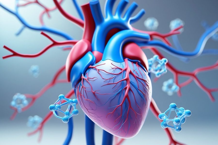 Imagem 3D mostrando um coração humano e a glândula tireoide conectados por vasos sanguíneos iluminados, com moléculas flutuando ao redor representando medicação agindo nesses órgãos.