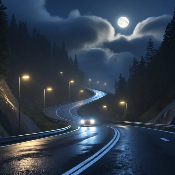 Uma estrada sinuosa e íngreme descendo à noite, com um carro iluminando o caminho em meio a uma floresta escura e neblina leve.