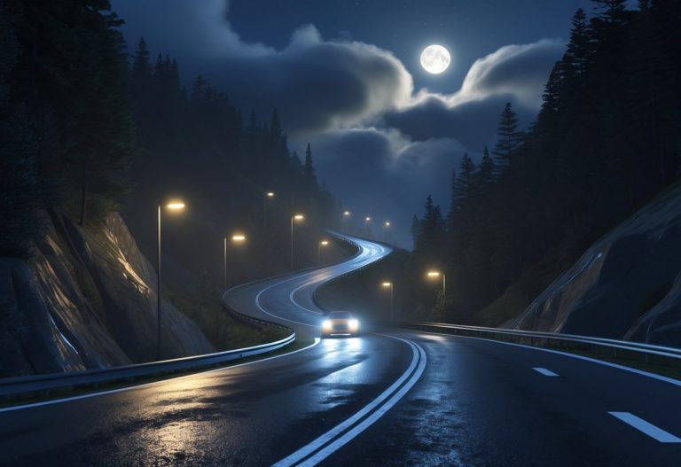 Uma estrada sinuosa e íngreme descendo à noite, com um carro iluminando o caminho em meio a uma floresta escura e neblina leve.