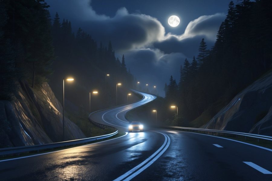 Uma estrada sinuosa e íngreme descendo à noite, com um carro iluminando o caminho em meio a uma floresta escura e neblina leve.