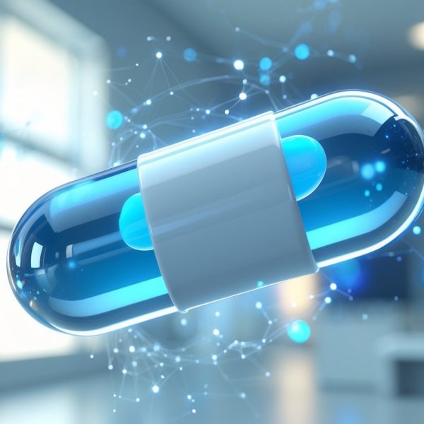 Uma cápsula de remédio flutuando com um núcleo azul brilhante e uma casca branca e azul clara, em um ambiente clínico desfocado com elementos digitais abstratos ao redor.