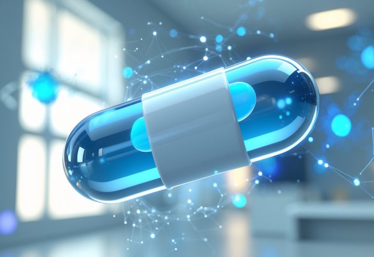 Uma cápsula de remédio flutuando com um núcleo azul brilhante e uma casca branca e azul clara, em um ambiente clínico desfocado com elementos digitais abstratos ao redor.