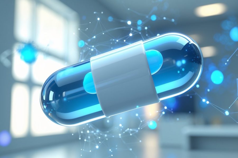 Uma cápsula de remédio flutuando com um núcleo azul brilhante e uma casca branca e azul clara, em um ambiente clínico desfocado com elementos digitais abstratos ao redor.