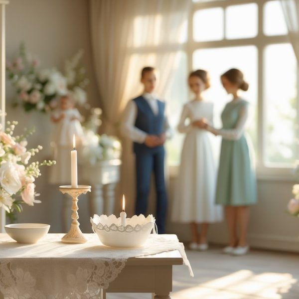 Ambiente acolhedor de uma casa preparado para um batizado, com mesa decorada e família reunida em clima tranquilo e amoroso.
